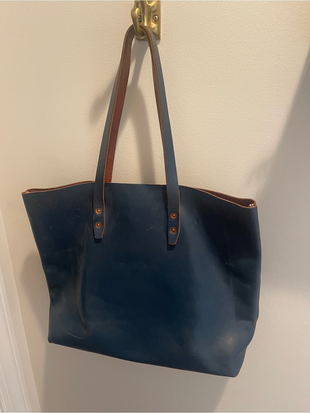 Classic Navy Leather Tote with Brown Trim